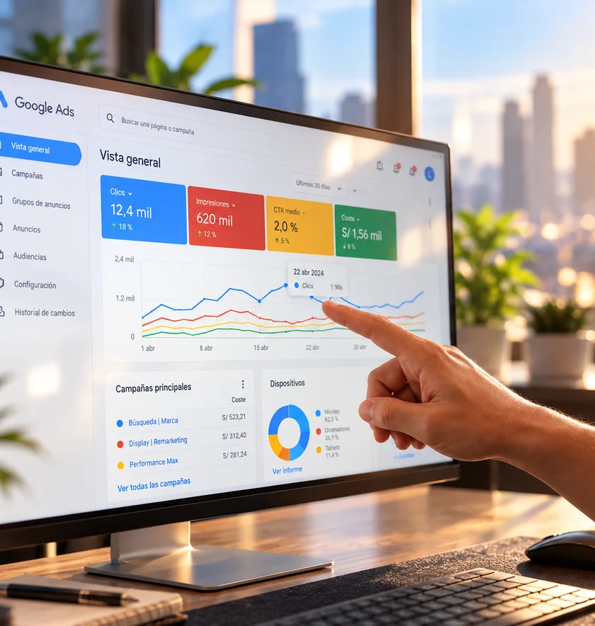 Gestión de campañas de Google Ads en Perú: especialista revisando clics, impresiones y costo